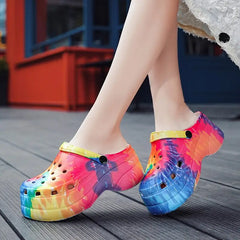 Platform Clogs Rainbow Print High Heel Sandals