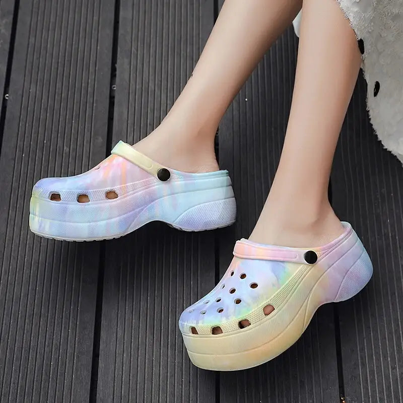 Platform Clogs Rainbow Print High Heel Sandals