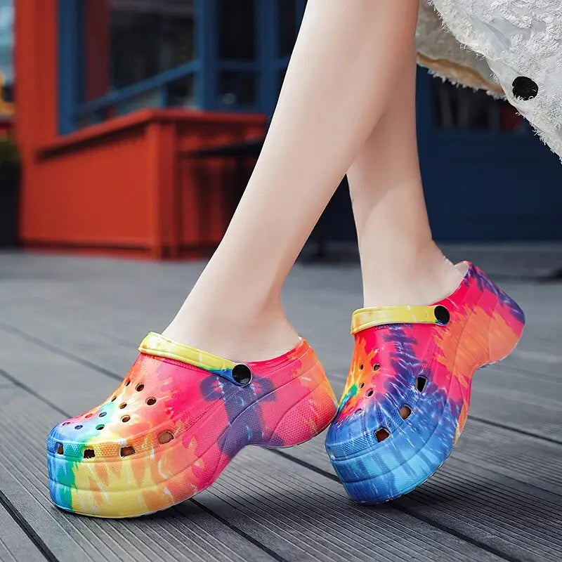 Platform Clogs Rainbow Print High Heel Sandals Euro Size