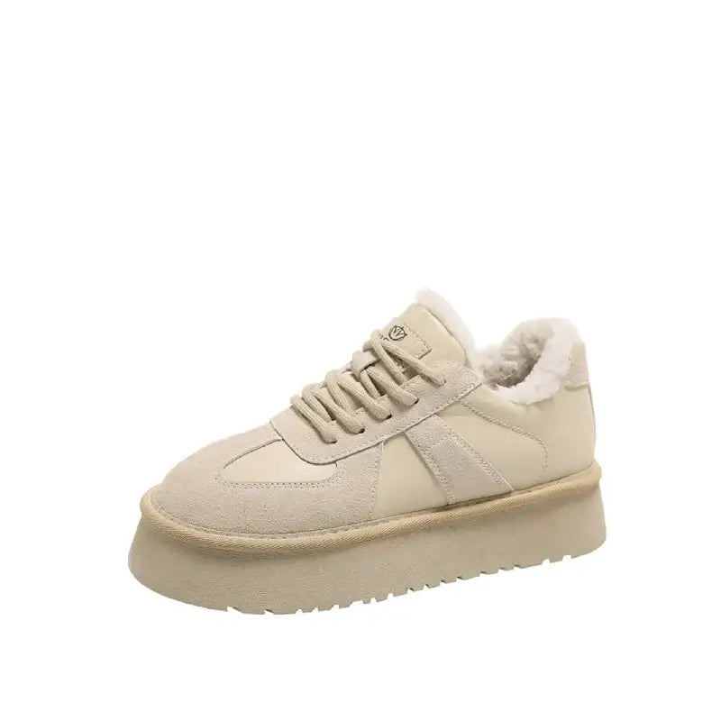 Platform Fur Suede Thick Sole Sneakers - Beige / 35