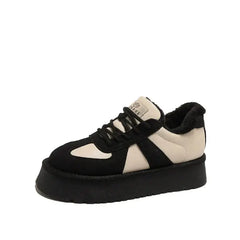 Platform Fur Suede Thick Sole Sneakers - Black Beige / 35