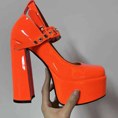 Platform Heeled Shoes Buckle Straps - Orange / 5 - shoes