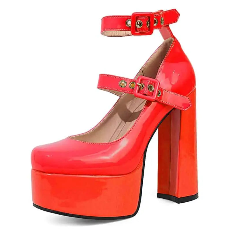 Platform Heeled Shoes Buckle Straps - Red / 5 - shoes