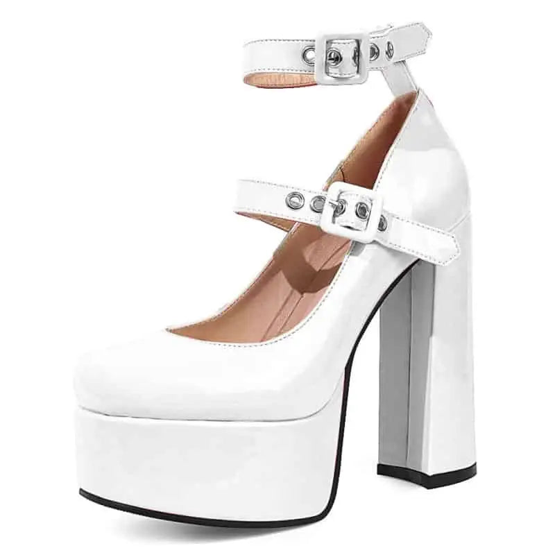 Platform Heeled Shoes Buckle Straps - White / 5 - shoes