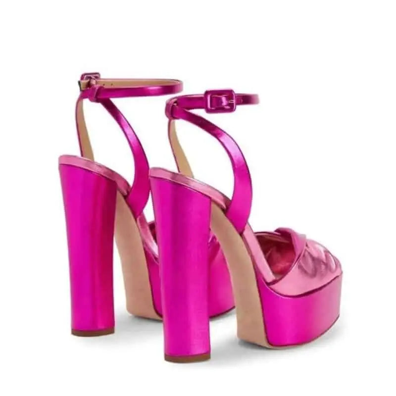 Platform Metallic Square High Heel Open Toe Pumps Euro Size