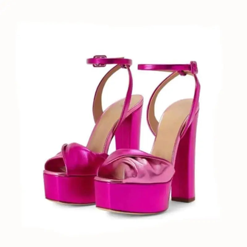 Platform Metallic Square High Heel Open Toe Pumps - Pink