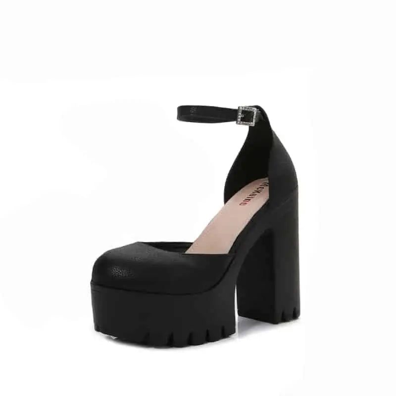 Platform Round Toe Ankle Strap Pumps - Black / 6 - Shoes