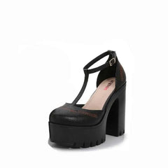Platform Round Toe Ankle Strap Pumps - black / 6 - Shoes