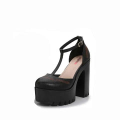 Platform Round Toe Ankle Strap Pumps for Women black / 6