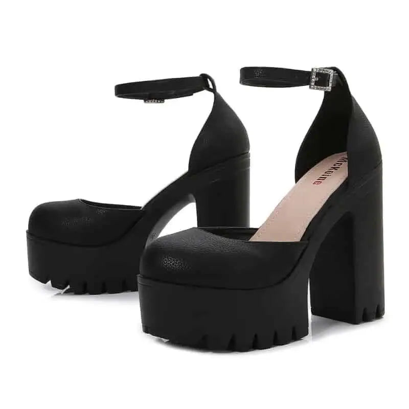 Platform Round Toe Ankle Strap Pumps - Shoes