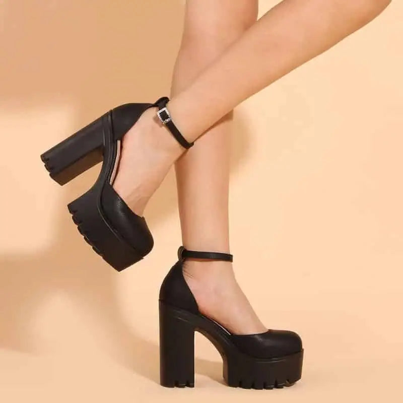 Platform Round Toe Ankle Strap Pumps