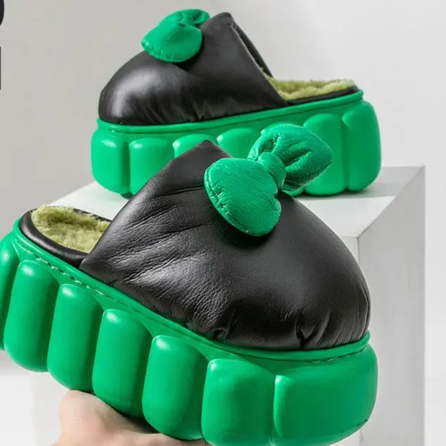 Platform Sweet Bowknot PU Leather Slippers - Green / 36-37