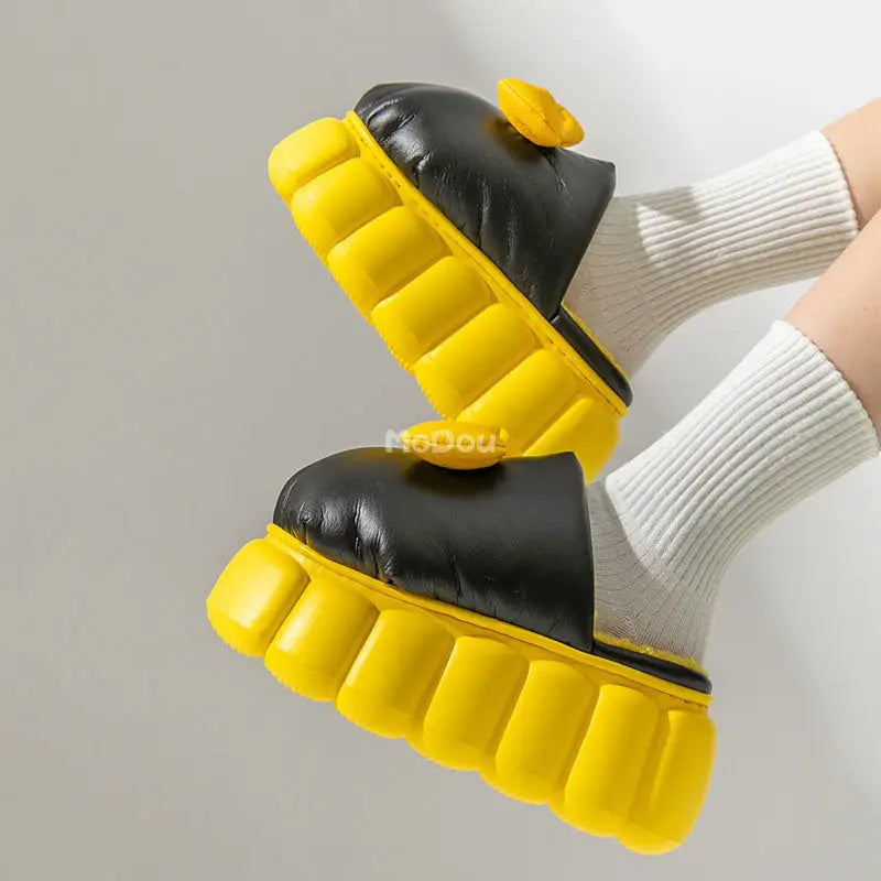 Platform Sweet Bowknot PU Leather Slippers - Yellow / 36-37