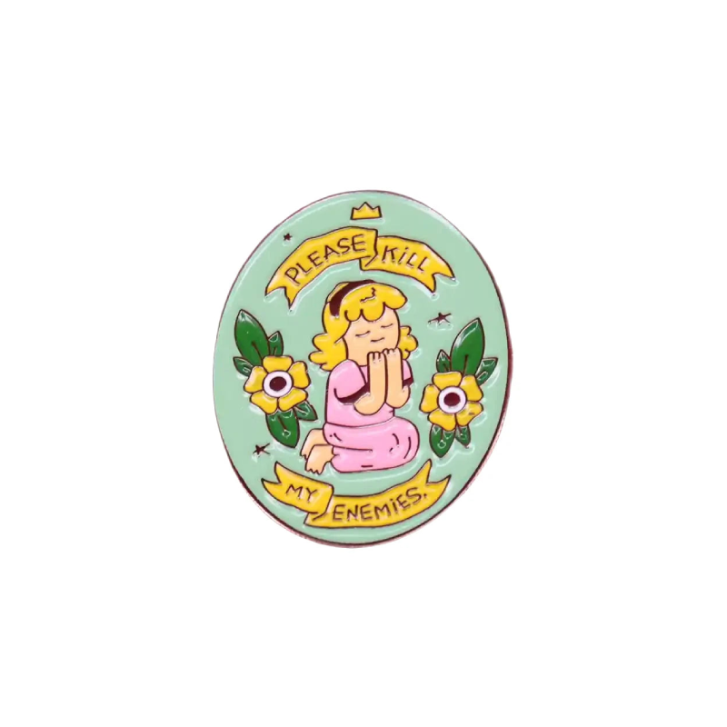 Please Kill My Enemies Praying Girl Flowers Badge Brooch