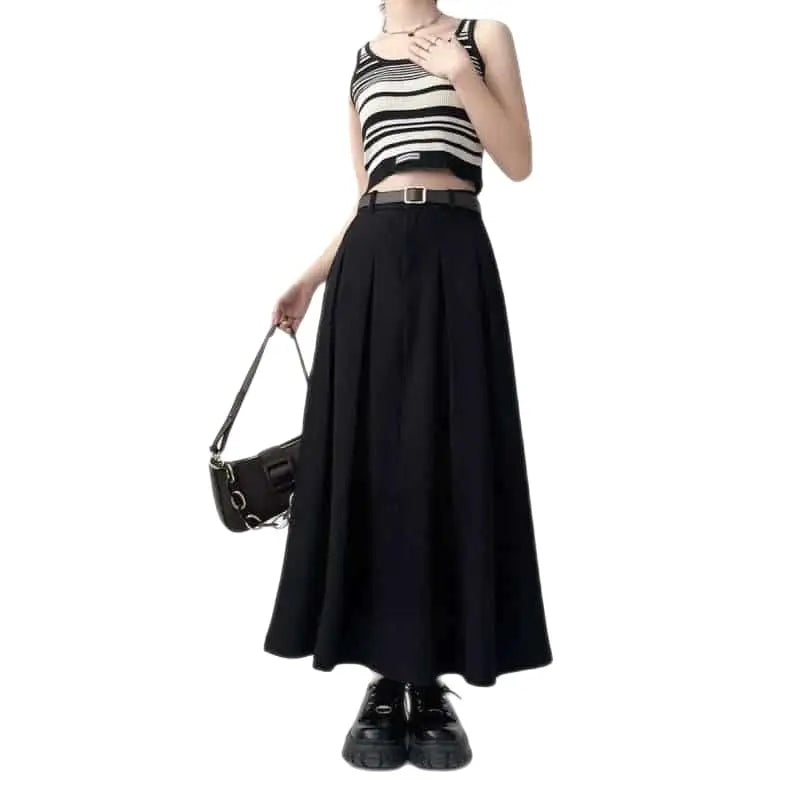 Pleated High Waist A Line Long Skirt - Black / S