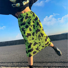 Pleated with fluorescent green leopard skirt