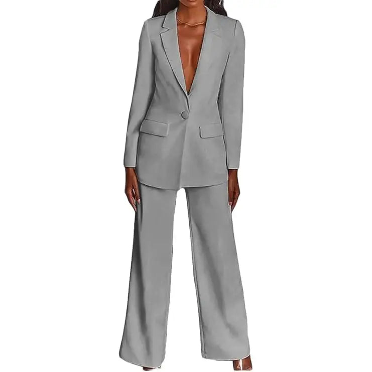 Plus Size 2 Piece Suits with Deep V Neck Jacket Gray / 14 w
