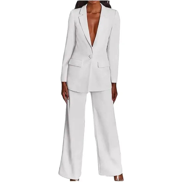 Plus Size 2 Piece Suits with Deep V Neck Jacket White / 14 w