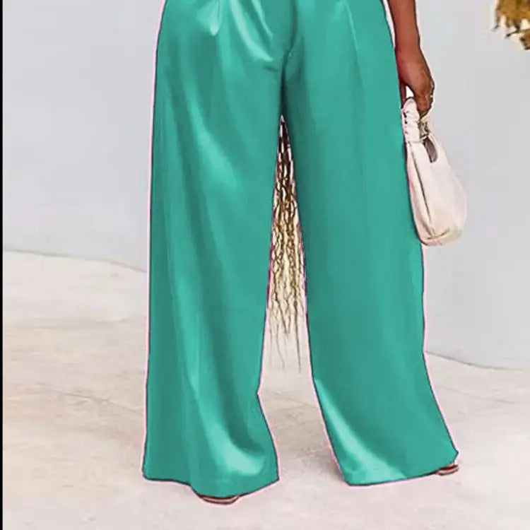 Plus Size Wide Leg Satin Pants with Comfort Waistband Green