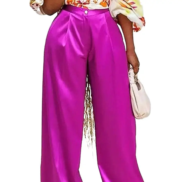 Plus Size Wide Leg Satin Pants with Comfort Waistband Pink