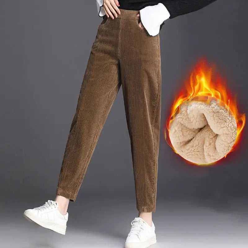 Plush Velvet Corduroy Warm High Waist Pants - Brown / S