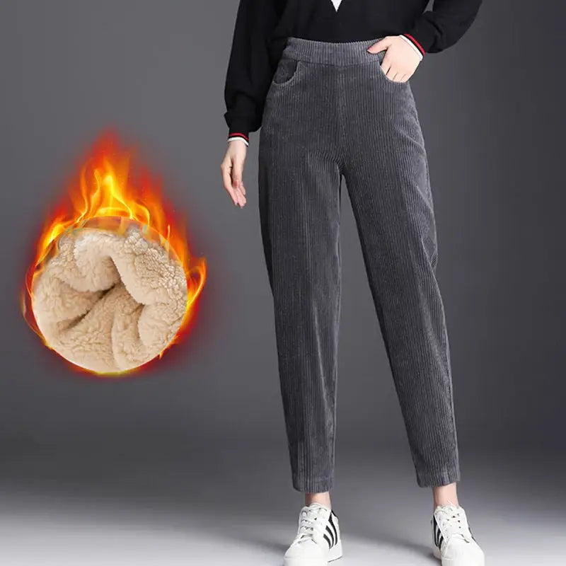 Plush Velvet Corduroy Warm High Waist Pants - Gray / S
