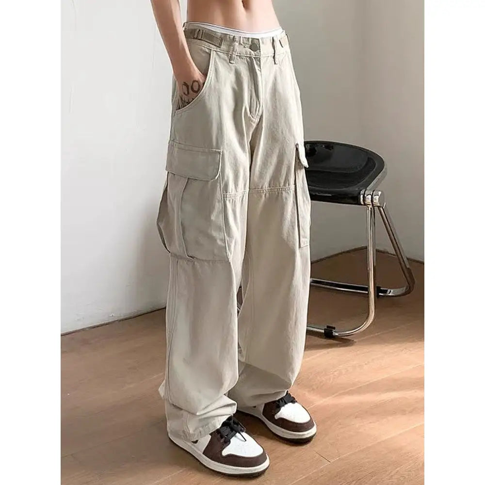 Pocket Baggy Cargo Pants with Belt in Beige or Black