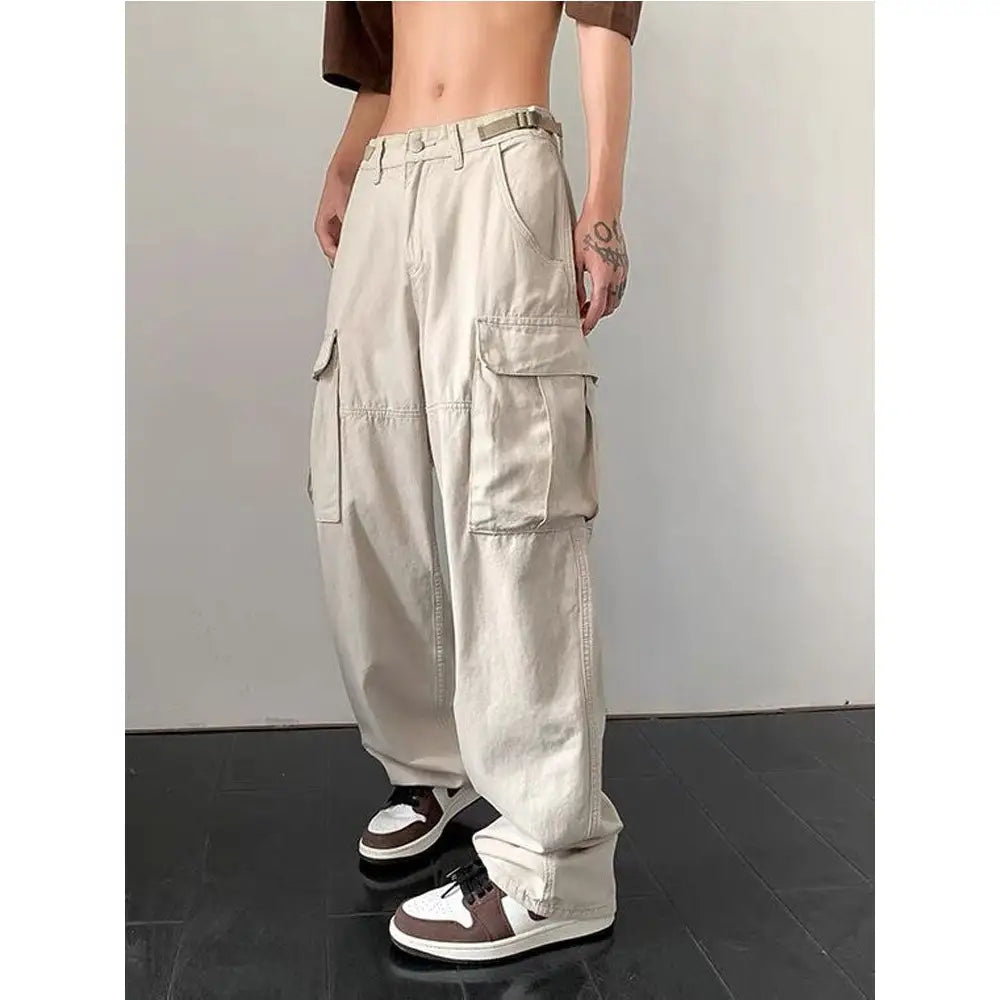 Pocket Baggy Cargo Pants with Belt in Beige or Black / S