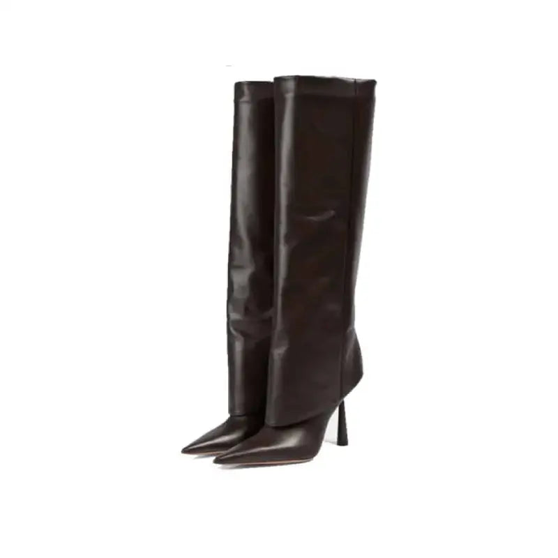 Pointed Toe Thin High Heel Knee Length Boots - Dark brown