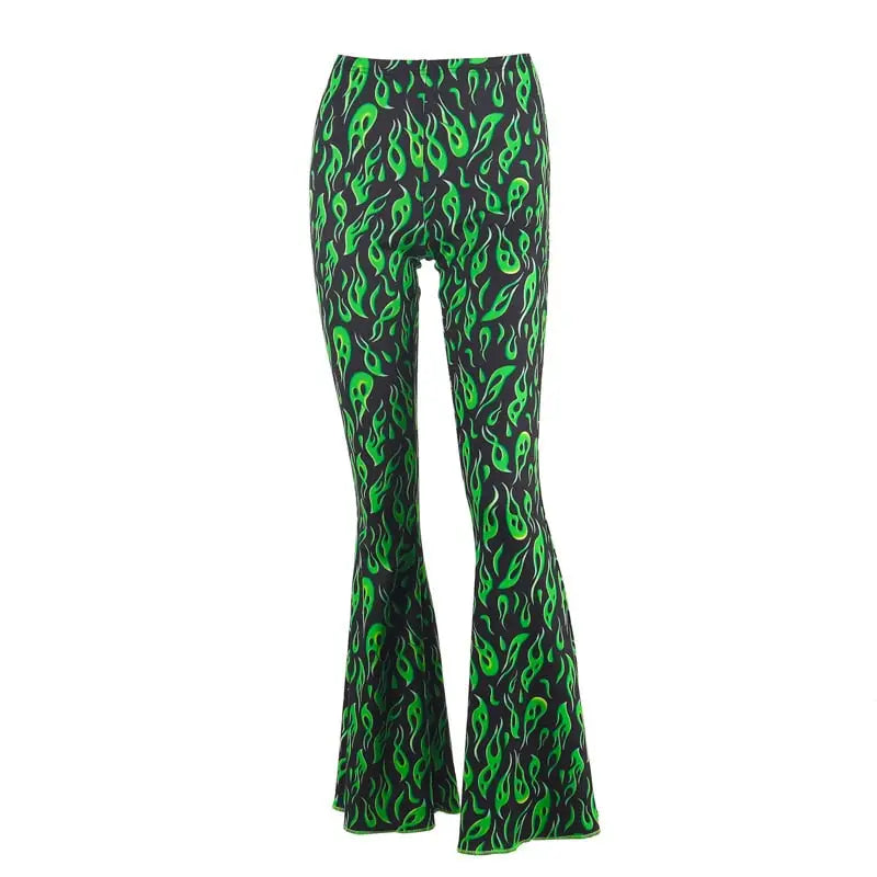 Polyester Black Neon Greent Flare Long Pants
