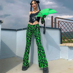 Polyester Black Neon Greent Flare Long Pants
