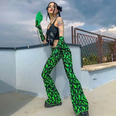 Polyester Black Neon Greent Flare Long Pants