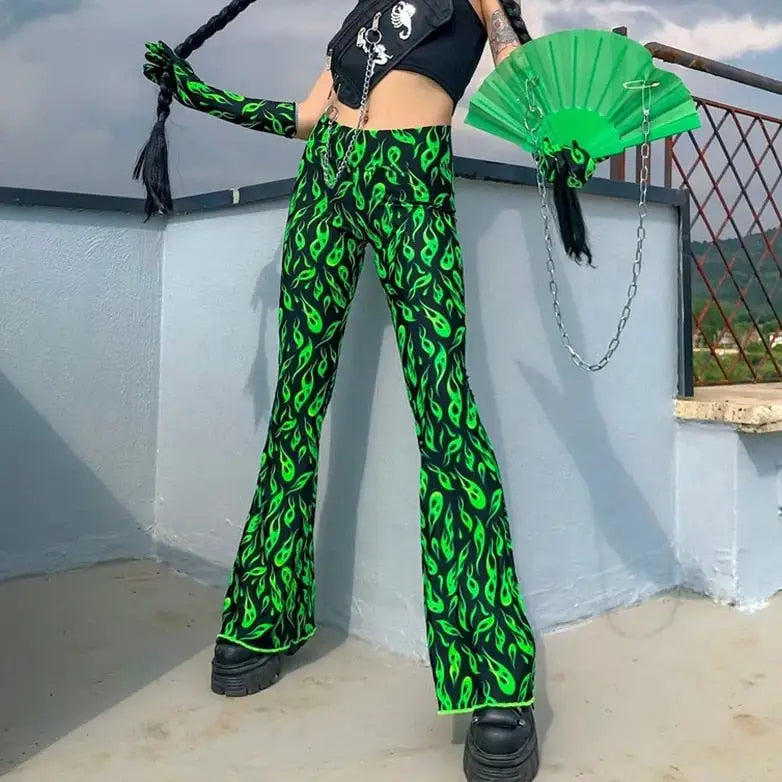 Polyester Black Neon Greent Flare Long Pants