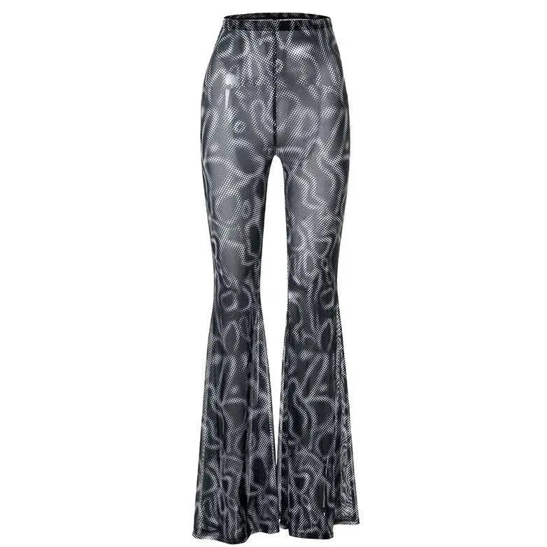 Polyester Black Neon Greent Flare Long Pants Gray / S