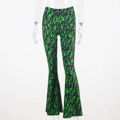 Polyester Black Neon Greent Flare Long Pants Green / S
