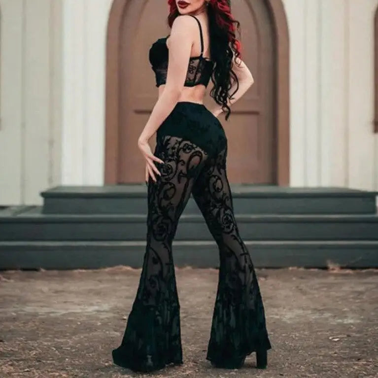 Polyester Black Neon Greent Flare Long Pants / S