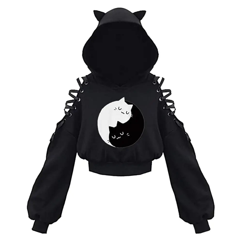 Polyester Cat Ears Open Shoulder Crop Hoodie