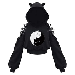 Polyester Cat Ears Open Shoulder Crop Hoodie