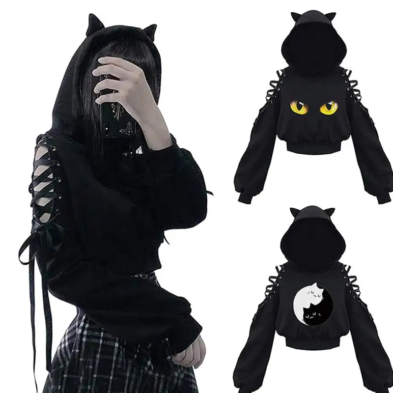 Polyester Cat Ears Open Shoulder Crop Hoodie