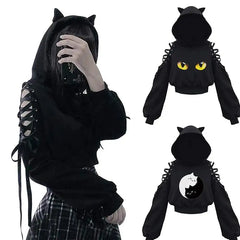 Polyester Cat Ears Open Shoulder Crop Hoodie