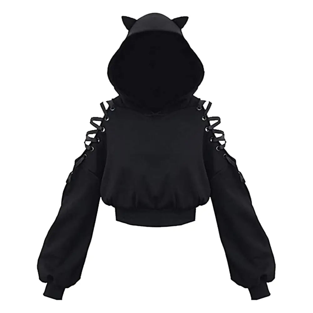 Polyester Cat Ears Open Shoulder Crop Hoodie Black / S