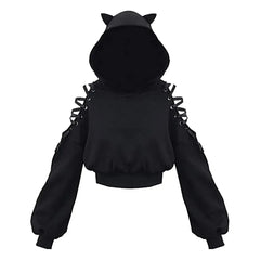 Polyester Cat Ears Open Shoulder Crop Hoodie Black / S