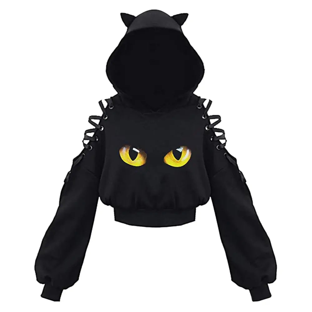 Polyester Cat Ears Open Shoulder Crop Hoodie Black1 / S