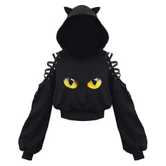 Polyester Cat Ears Open Shoulder Crop Hoodie Black1 / S