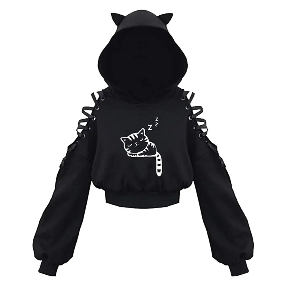 Polyester Cat Ears Open Shoulder Crop Hoodie Black2 / S
