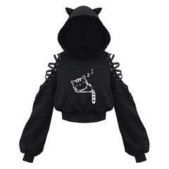 Polyester Cat Ears Open Shoulder Crop Hoodie Black2 / S