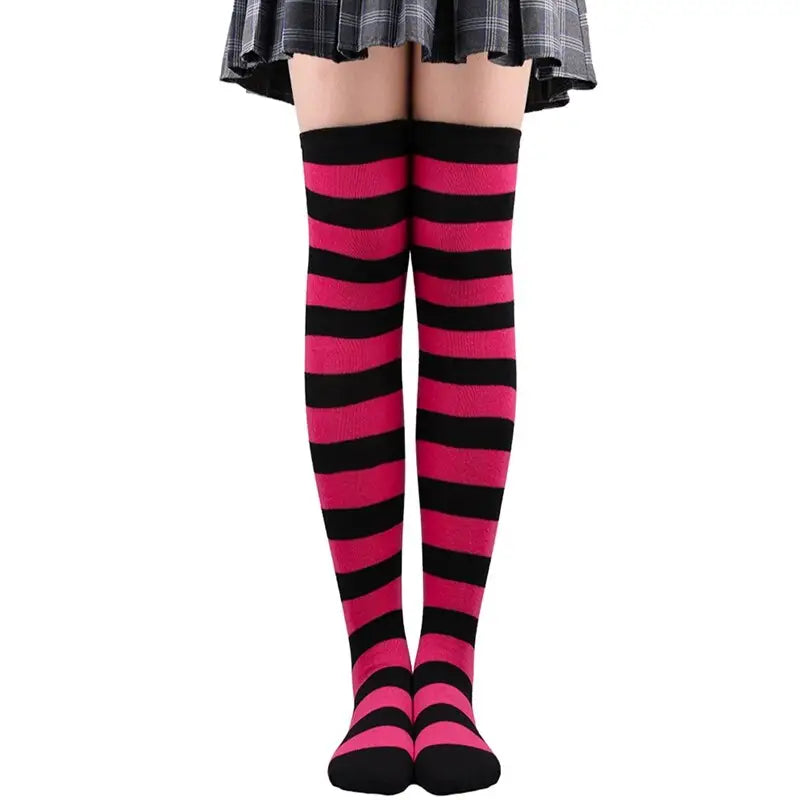 Polyester Colorful Rainbow Striped Long Socks Black-Red