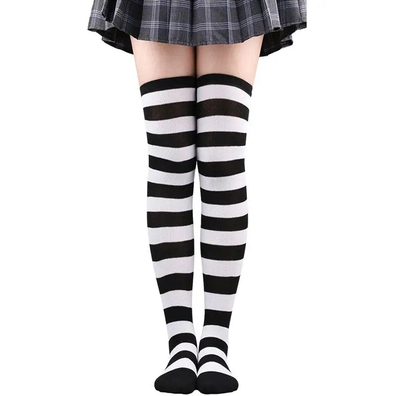 Polyester Colorful Rainbow Striped Long Socks Black-White