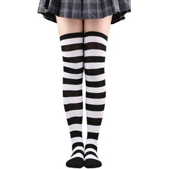 Polyester Colorful Rainbow Striped Long Socks Black-White