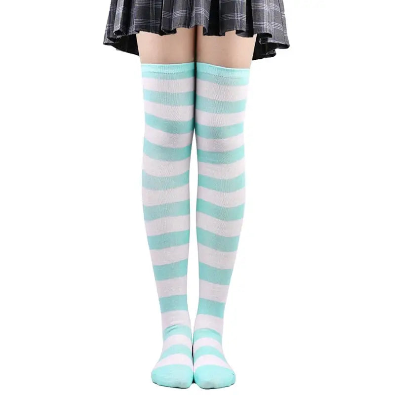 Polyester Colorful Rainbow Striped Long Socks Blue-White